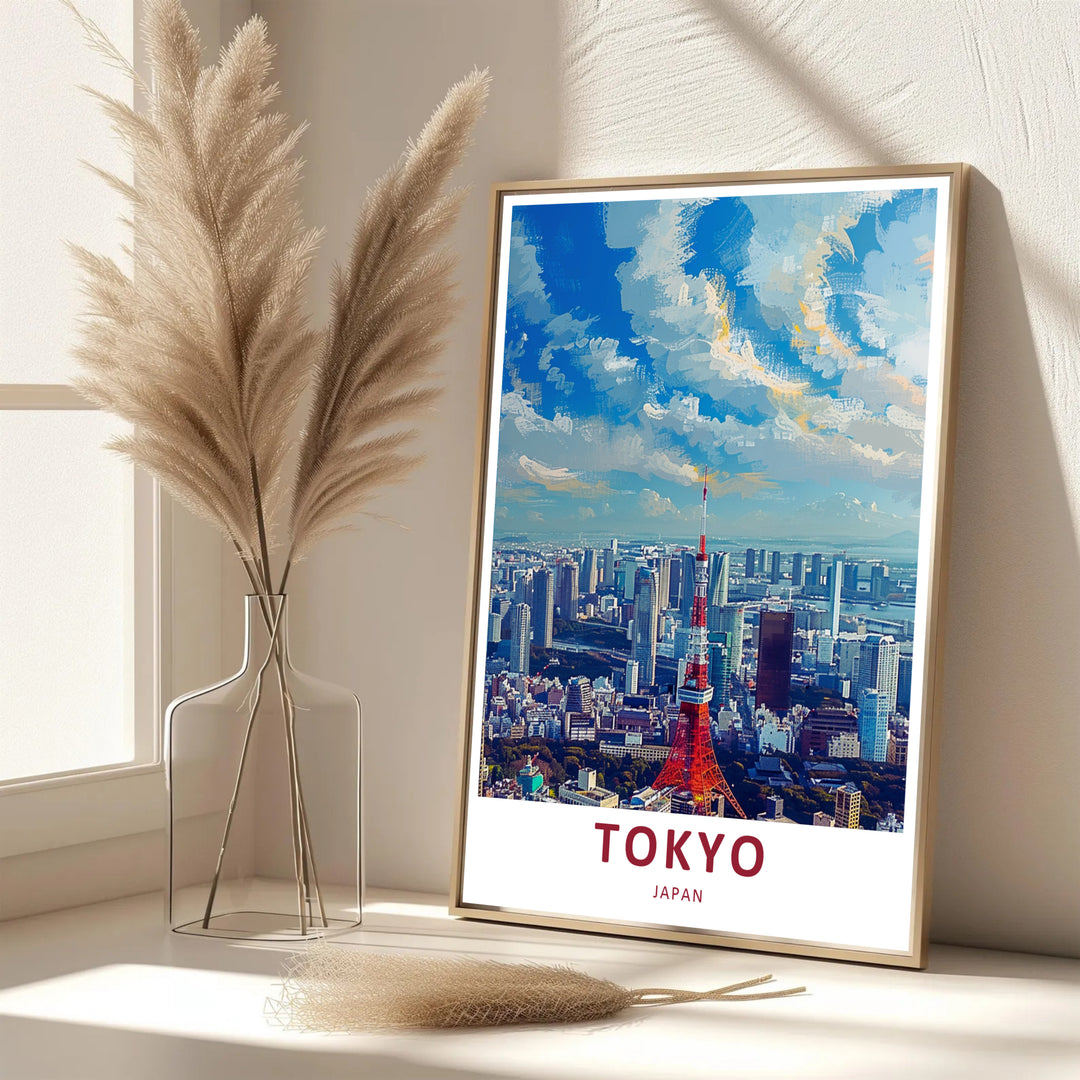 Painterly travel print of Tokyo Tower in Japan displaying vivid azure skies and textured cloud brushstrokes. Offered by MapYourDreams, this artwork is available in flexible options including unframed paper, custom wooden frames, and gallery canvas wraps.