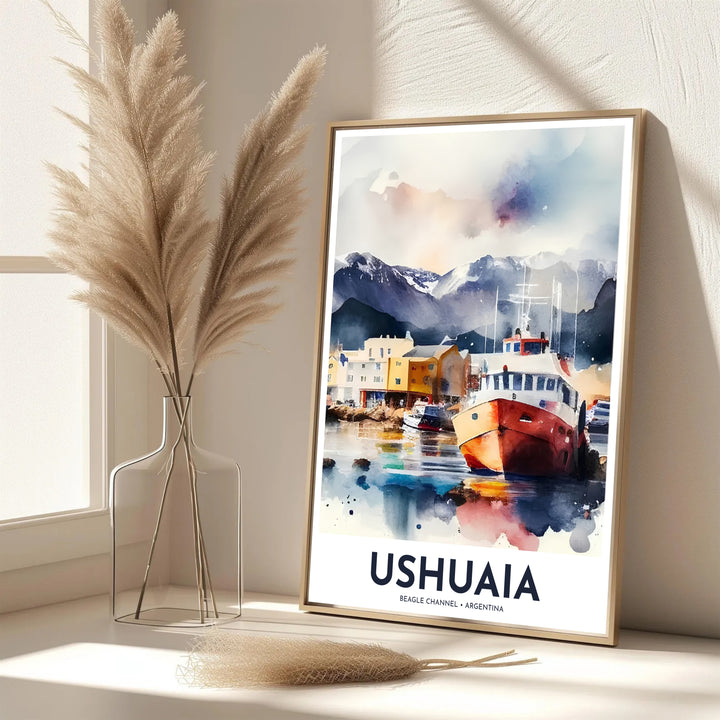 Detailing the calm water reflections of docked boats along the Beagle Channel, this Ushuaia port print serves as magnificent travel decor, thoughtfully produced by MapYourDreams in unframed paper, wooden frame, and canvas display choices.
