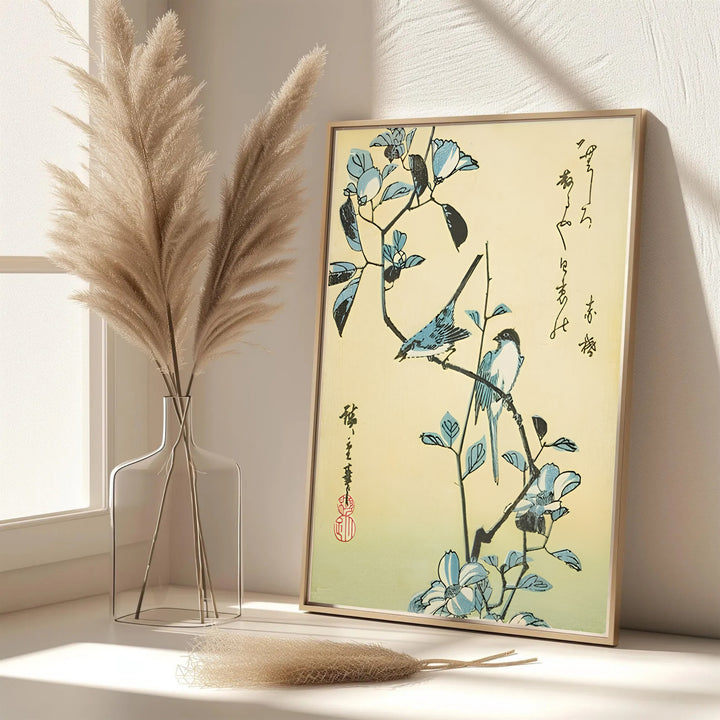 Elegant Japanese bird poster Birds Flowering Branch by artist Utagawa Hiroshige featuring pale camellia flowers in Edo Botanical Garden. MapYourDreams features framed, unframed, and canvas print options for office wall art decor.