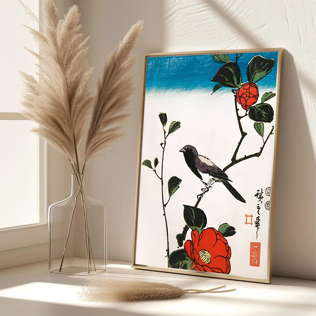 Elegant Japanese flora poster Java Sparrow Camellia by artist Utagawa Hiroshige featuring small sparrow and red camellia in Kyoto Camellia Garden. MapYourDreams features framed, unframed, and canvas print options for living room wall art decor.
