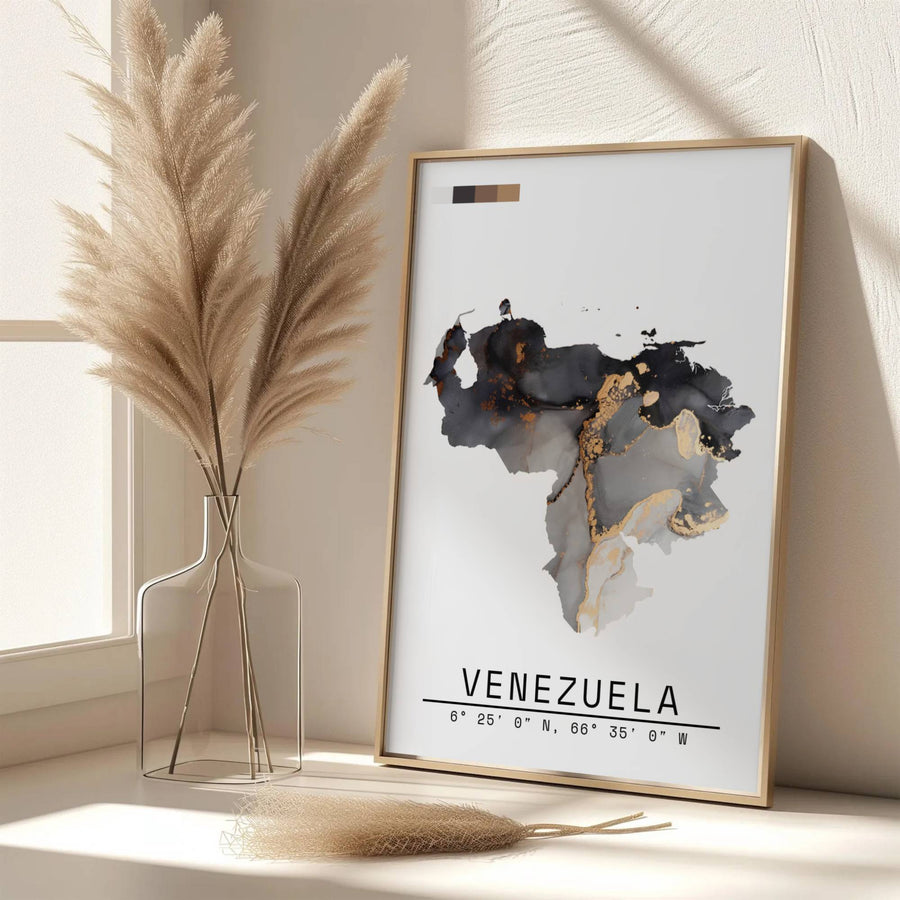 Scenic map poster displaying the country silhouette of Venezuela in a luxurious fluid ink and metallic gold color palette. Handpicked for the MapYourDreams catalog, this artwork is available in flexible styles including unframed paper prints, wooden frames, or gallery canvas.