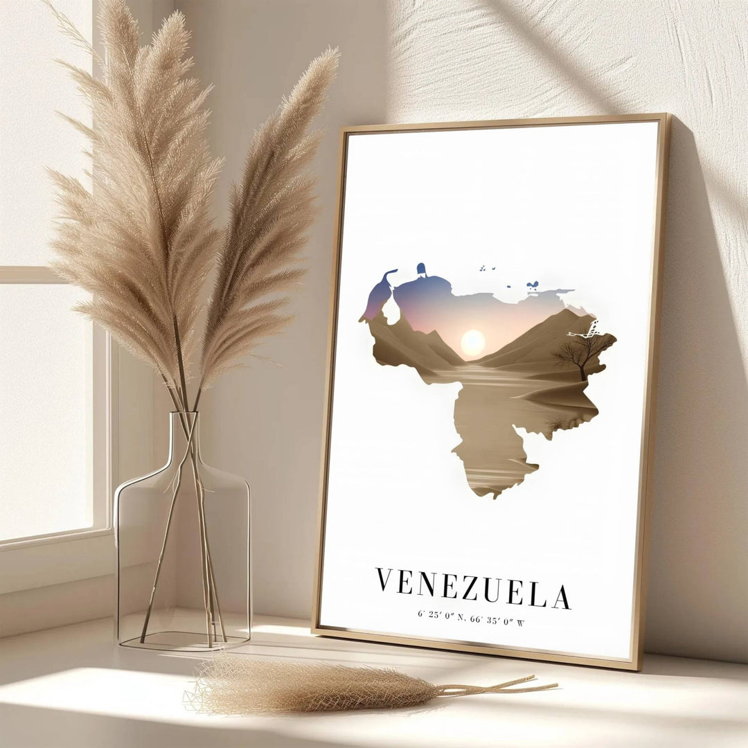 Scenic map poster displaying the country silhouette of Venezuela in a sun-drenched desert sunset color palette. Handpicked for the MapYourDreams catalog, this artwork is available in flexible styles including unframed paper prints, wooden frames, or gallery canvas.