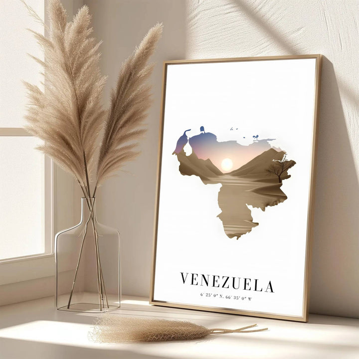 Scenic map poster displaying the country silhouette of Venezuela in a sun-drenched desert sunset color palette. Handpicked for the MapYourDreams catalog, this artwork is available in flexible styles including unframed paper prints, wooden frames, or gallery canvas.