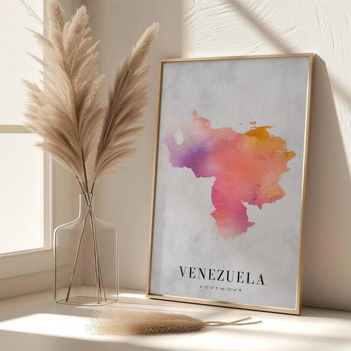 Colorful sunset country silhouette wall decor depicting delicate purple and orange watercolor washes on a textured parchment grey background. Available through MapYourDreams, customers can select from fine art paper, handcrafted timber frames, or stretched canvas options.