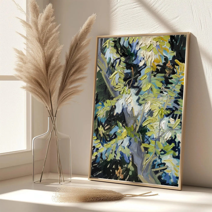 Elegant botanical wall art print of Vincent van Gogh Blossoming Acacia Branches 1890 showing dense spring branches in Auvers-sur-Oise France. MapYourDreams features custom framed prints, unframed paper wall decor, and gallery canvas options for sophisticated bedroom wall layouts.