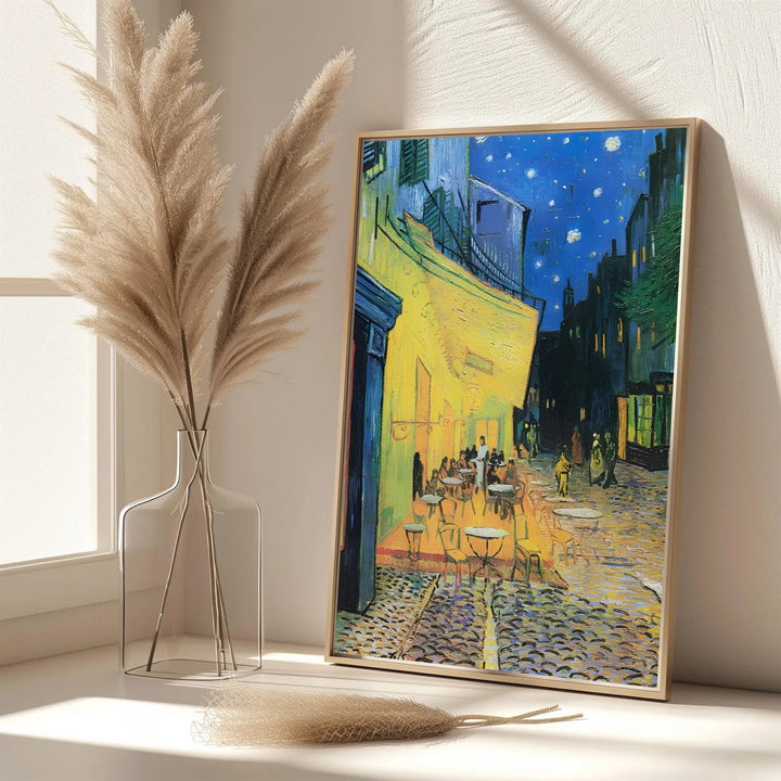 Elegant French wall art print of Vincent van Gogh Cafe Terrace at Night 1888 showing starry evening skies over Place du Forum in Arles France. MapYourDreams features custom framed prints, unframed paper wall decor, and gallery canvas options for sophisticated bedroom wall layouts.