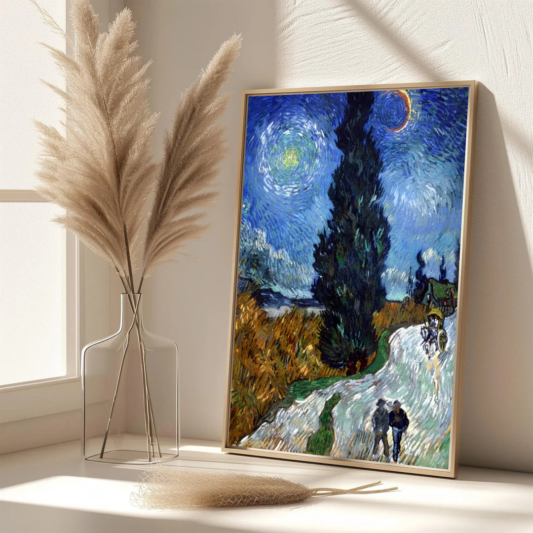 Elegant French wall art print of Vincent van Gogh Country Road in Provence by Night 1890 displaying a dark cypress tree in Saint-Rémy-de-Provence France. MapYourDreams features custom framed prints, unframed paper wall decor, and gallery canvas options for bedroom wall layouts.
