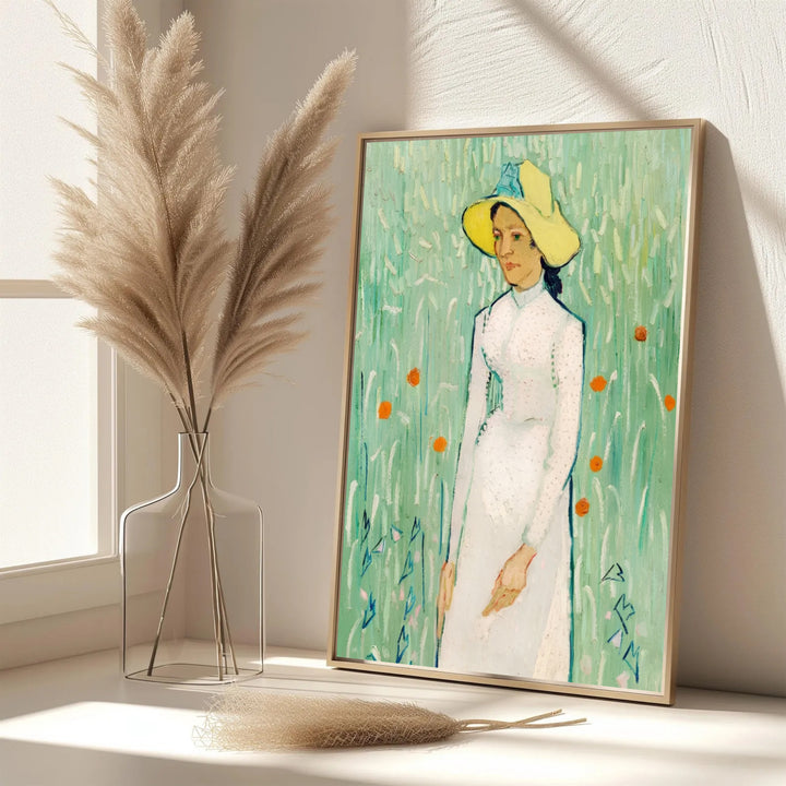 Elegant French wall art print of Vincent van Gogh Girl in White 1890 displaying soft white dress details in Auvers-sur-Oise France. MapYourDreams features custom framed prints, unframed paper wall decor, and gallery canvas options for sophisticated bedroom wall layouts.