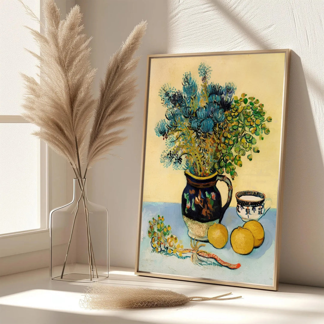 Elegant French kitchen wall art print of Vincent van Gogh Majolica Jar Wildflowers 1888 displaying ceramic cup details in Arles France. MapYourDreams features custom framed prints, unframed paper wall decor, and gallery canvas options for sophisticated wall layouts.