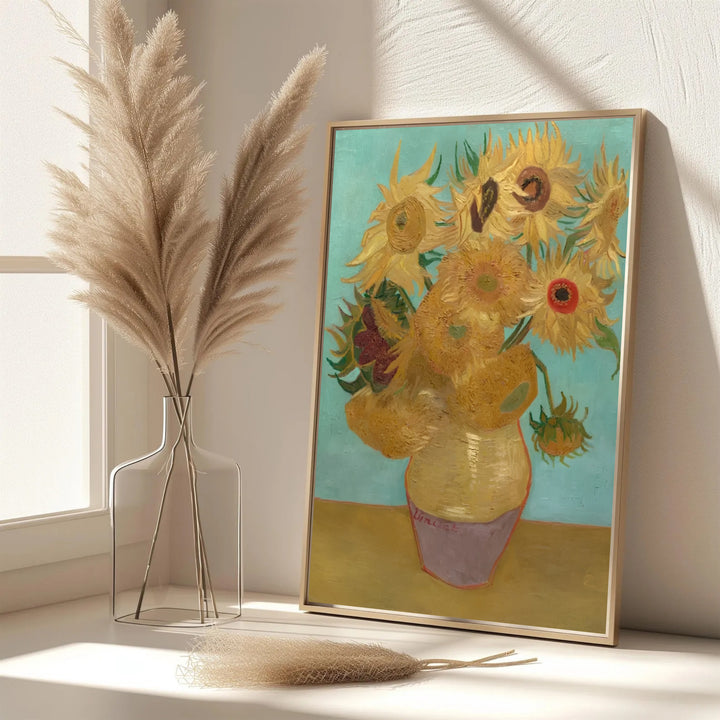 Elegant French entryway wall art print of Vincent van Gogh Sunflowers on Blue 1888 displaying detailed yellow petals in Arles France. MapYourDreams features custom framed prints, unframed paper wall decor, and gallery canvas options for sophisticated wall layouts.