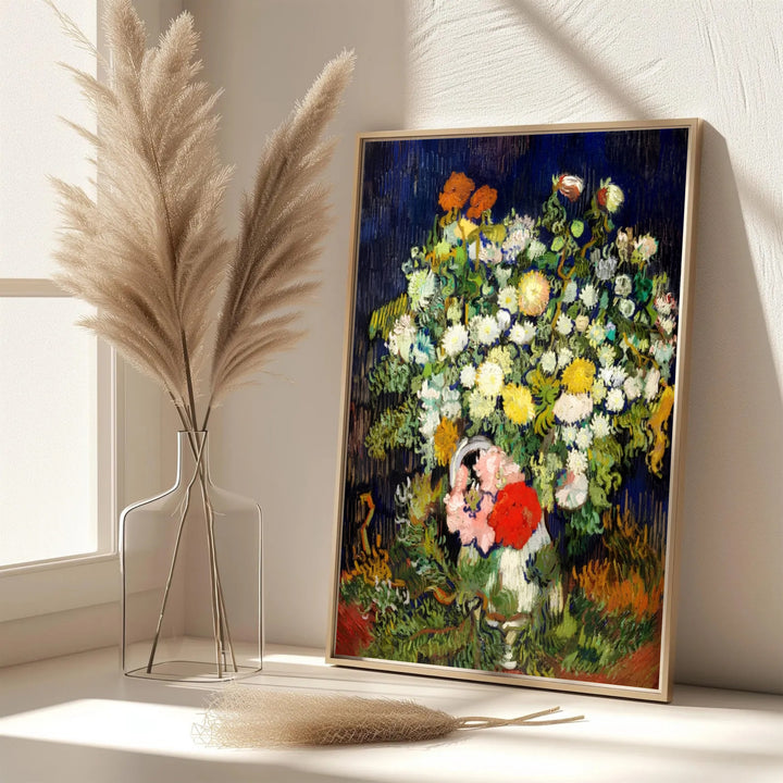 Elegant French living room wall art print of Vincent van Gogh Vase With Flowers 1890 displaying detailed white dahlias in Auvers-sur-Oise France. MapYourDreams features custom framed prints, unframed paper wall decor, and gallery canvas options for sophisticated wall layouts.