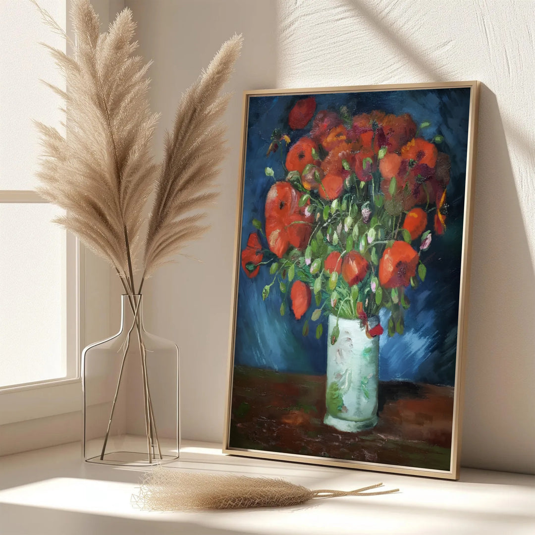 Elegant living room wall art print of Vincent van Gogh Vase With Red Poppies 1886 displaying detailed red petals in Paris France. MapYourDreams features custom framed prints, unframed paper wall decor, and gallery canvas options for refined home wall layouts.