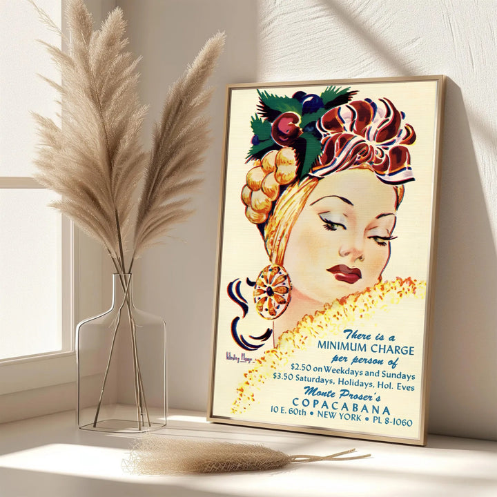 Nostalgic 1940s New York travel art print displaying Monte Proser Copacabana venue text over classic cabaret illustration, created by MapYourDreams with choices including unframed poster prints, gallery stretched canvas, or custom framed wall art.