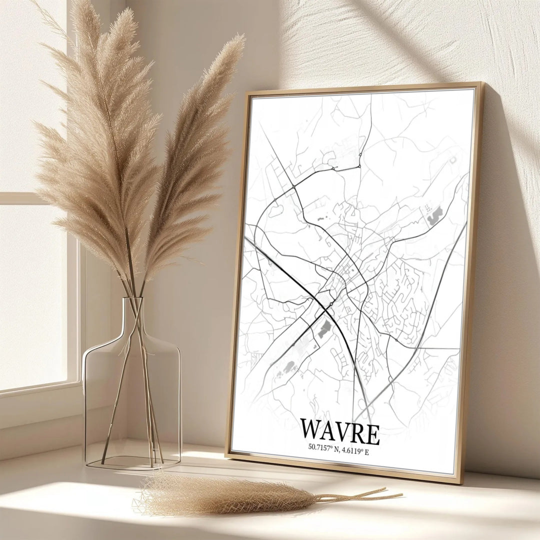 Elegant minimalist map wall poster of Wavre, Belgium, offering a timeless visual connection to Belgian travel memories and regional heritage. Offered by MapYourDreams, this artwork is available in flexible options including unframed paper, custom wooden frames, and gallery canvas wraps.