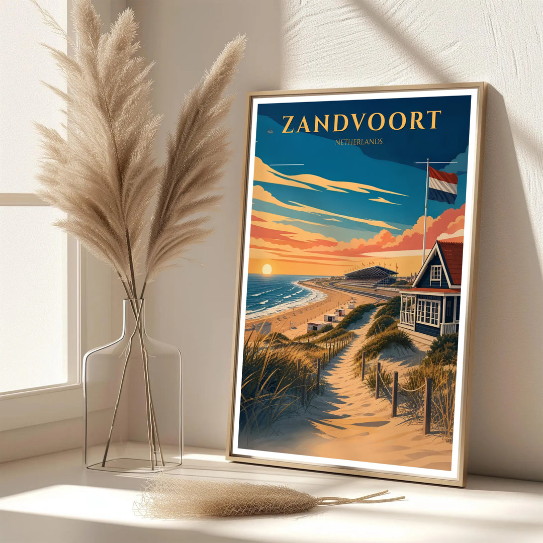 Elegant seaside print featuring a sandy trail leading down to Zandvoort beach and the North Sea in the Netherlands, provided by MapYourDreams with options for an unframed paper print, a gallery wrapped canvas, or a custom framed presentation style for lovers of European travel art.