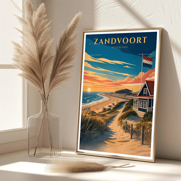 Elegant seaside print featuring a sandy trail leading down to Zandvoort beach and the North Sea in the Netherlands, provided by MapYourDreams with options for an unframed paper print, a gallery wrapped canvas, or a custom framed presentation style for lovers of European travel art.