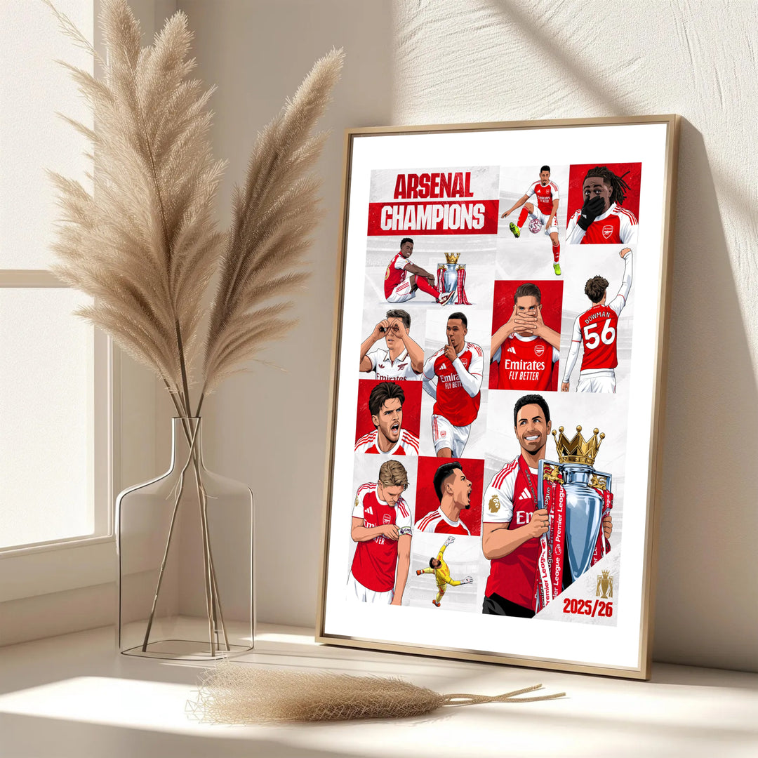 Full squad portrait illustration poster print of Arsenal 25/26 Champions at Emirates Stadium, available as unframed prints, framed wall art, or canvas options for wall decor.