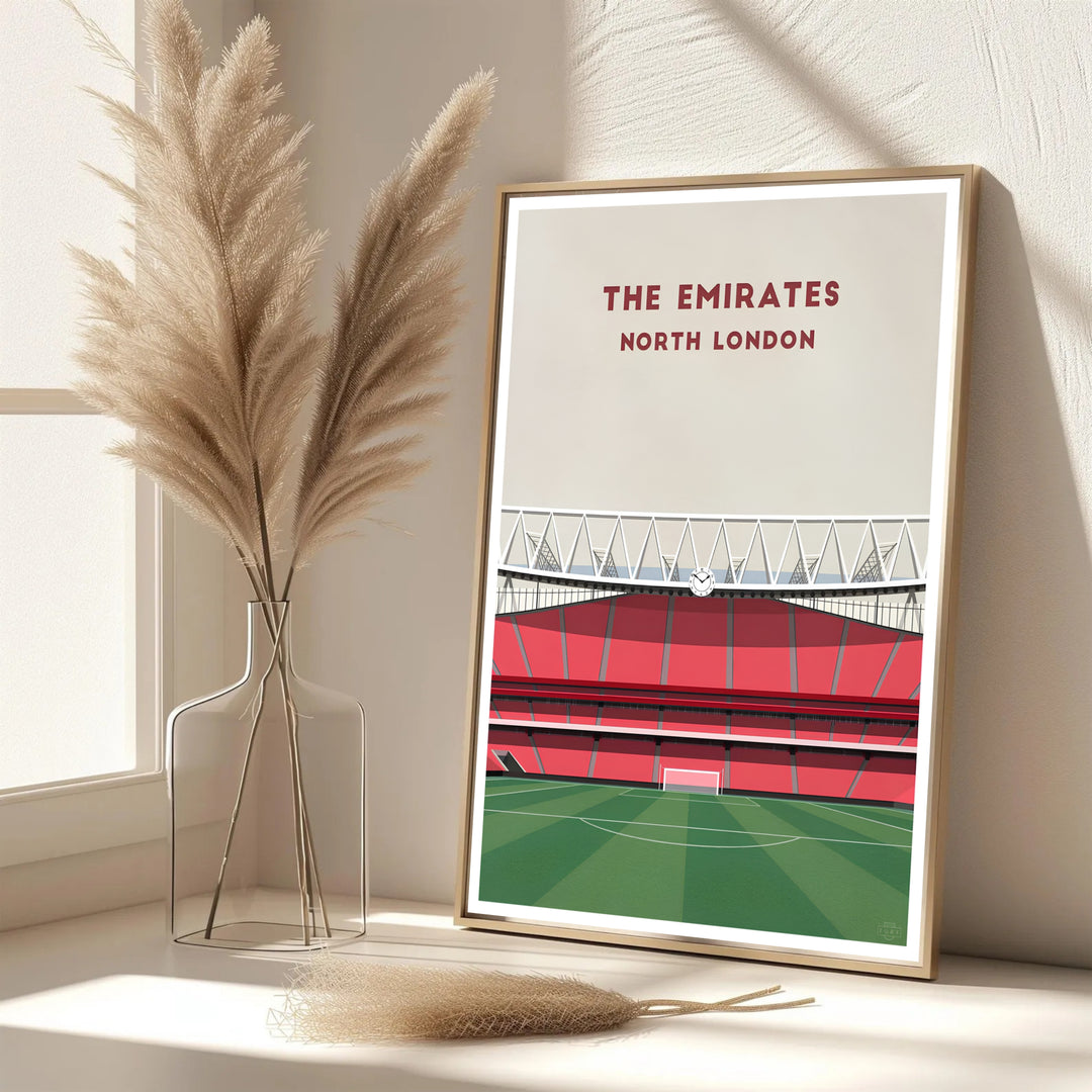 Full interior view graphic poster celebrating Emirates Stadium architecture and North London football pride, available as unframed prints, framed wall art, or canvas options for decor displays.