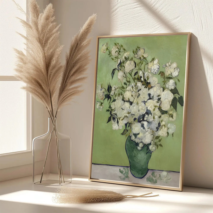 Elegant French bedroom wall art print of Vincent van Gogh Roses 1890 displaying detailed rose petals in Saint-Remy-de-Provence France. MapYourDreams features custom framed prints, unframed paper wall decor, and gallery canvas options for sophisticated wall layouts.