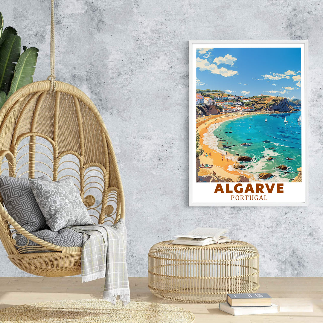 European coastal village scenery at Lagos, Algarve, Portugal shines in this blue and terracotta print. Order custom framed, unframed, and canvas options at MapYourDreams for an elegant coastal wall decor accent.