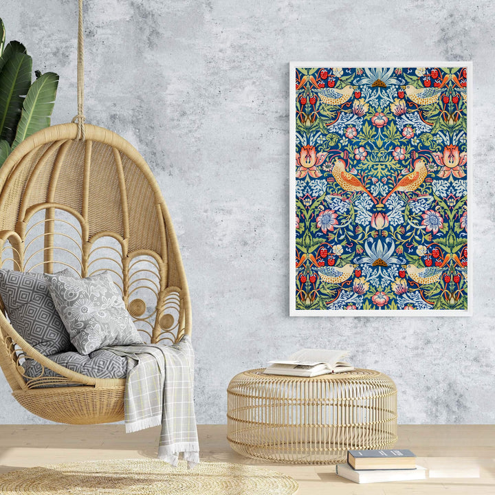Thrushes holding ripe red strawberries highlight this full-bleed restored William Morris Strawberry Thief print. Order beautiful framed, unframed, and canvas options available at MapYourDreams to create a focal point.