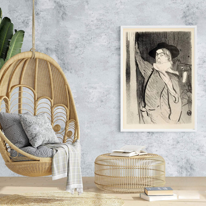 Elegant French vintage line art poster depicting Henri de Toulouse-Lautrec Aristide Bruant 1893 in Montmartre Paris France. MapYourDreams features framed, unframed paper, and canvas print choices for wall art displays.