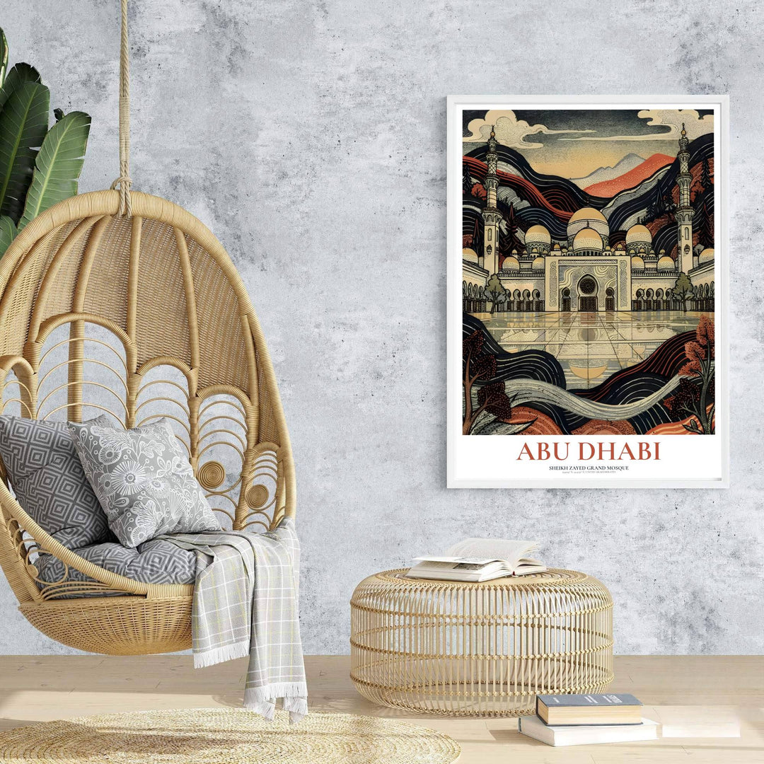 Woodcut travel art print featuring Abu Dhabi Sheikh Zayed Grand Mosque with terra cotta background mountains. Prepared by MapYourDreams, this artwork is available in flexible options including unframed paper, custom wooden frames, and gallery canvas wraps for chic living decor.