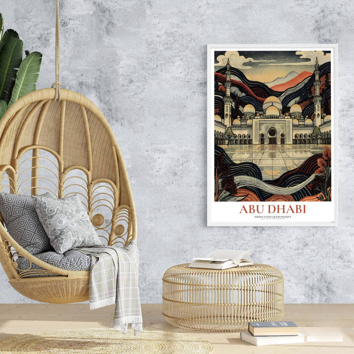 Woodcut travel art print featuring Abu Dhabi Sheikh Zayed Grand Mosque with terra cotta background mountains. Prepared by MapYourDreams, this artwork is available in flexible options including unframed paper, custom wooden frames, and gallery canvas wraps for chic living decor.