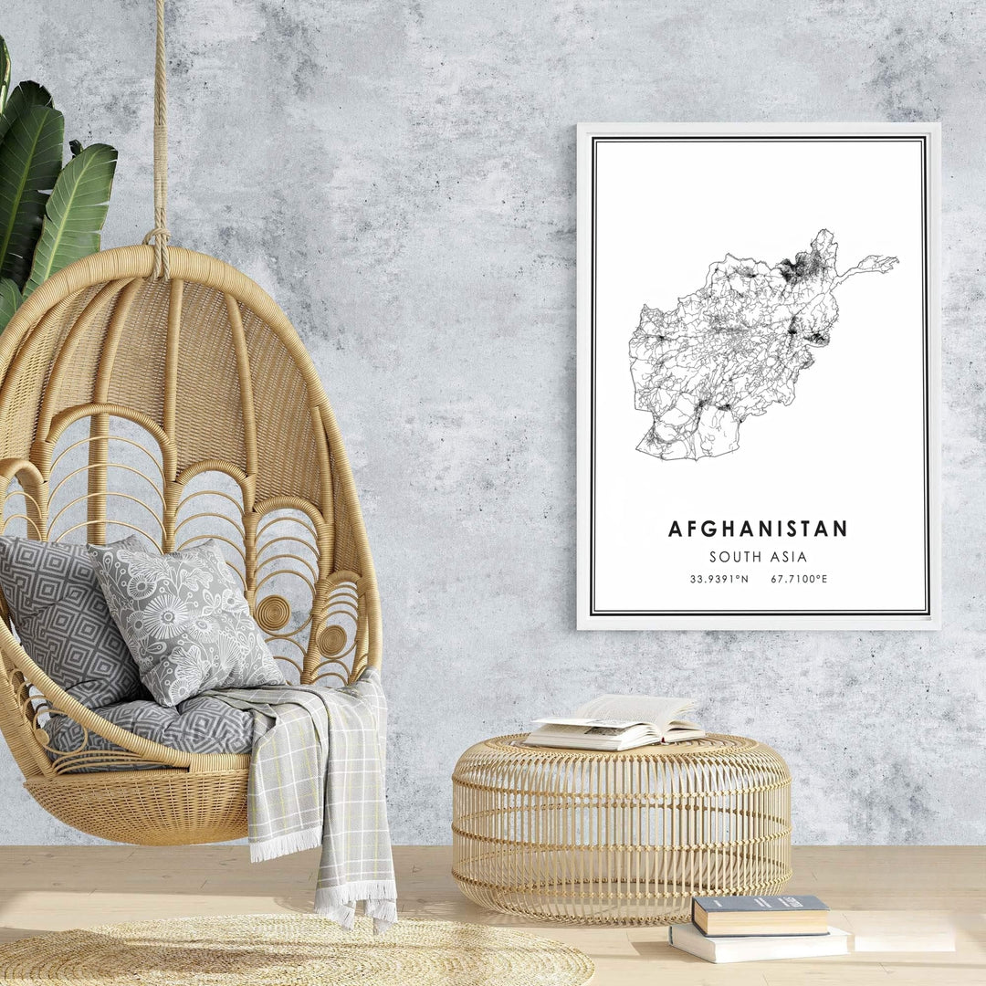 High-resolution cartographic art print of Afghanistan showing transport network density across the nation, supplied by MapYourDreams as an unframed paper print, stretched canvas wall art, or custom framed wall decor for minimalist entryway styling.