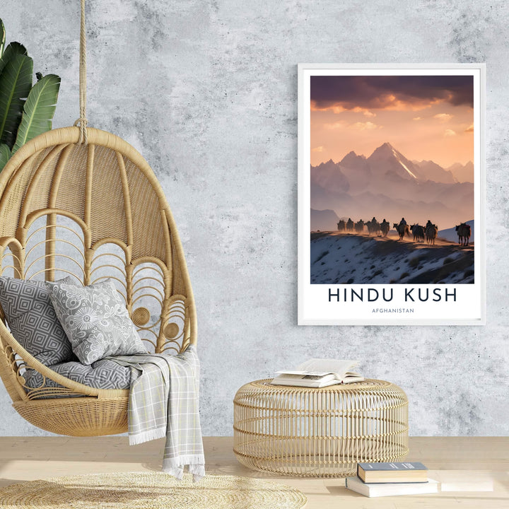 Atmospheric mountain art print of the Afghanistan Hindu Kush showing a Kuchi nomad family migrating across a snowy ridge at dusk, supplied by MapYourDreams as an unframed paper print, stretched canvas wall art, or custom framed wall decor for rustic bedroom gallery wall arrangements.