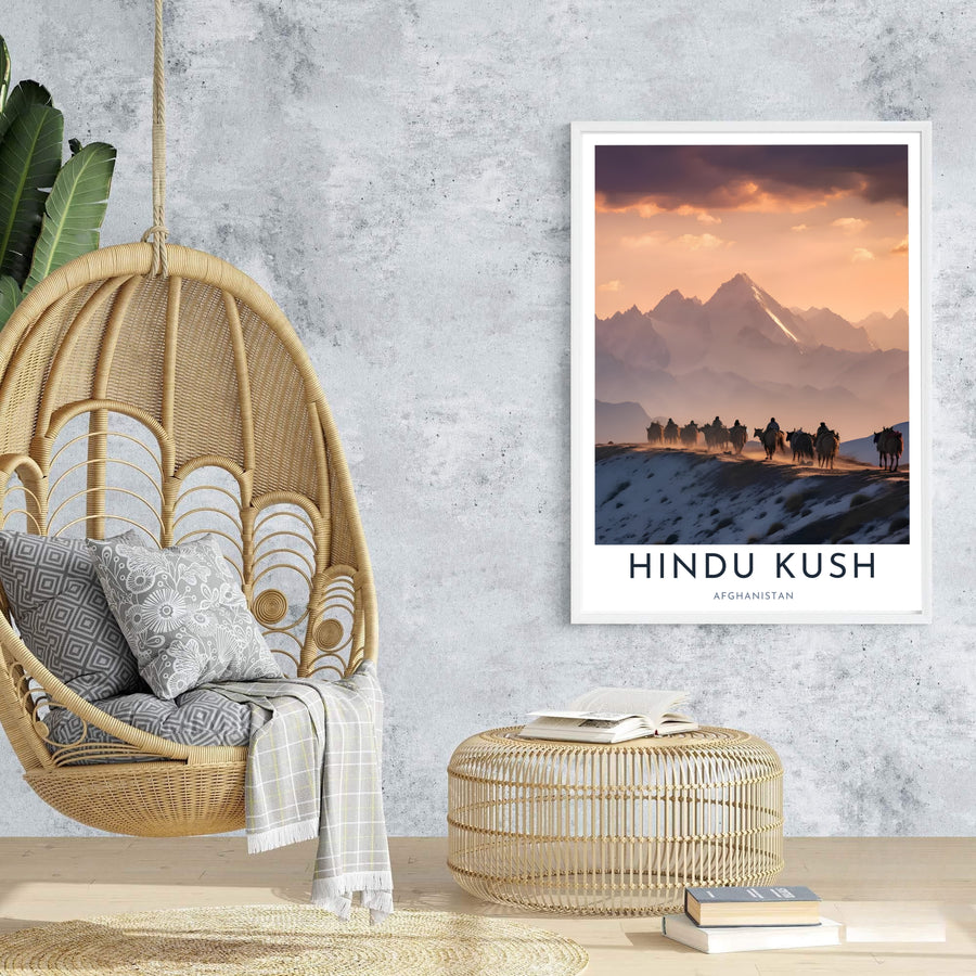 Atmospheric mountain art print of the Afghanistan Hindu Kush showing a Kuchi nomad family migrating across a snowy ridge at dusk, supplied by MapYourDreams as an unframed paper print, stretched canvas wall art, or custom framed wall decor for rustic bedroom gallery wall arrangements.