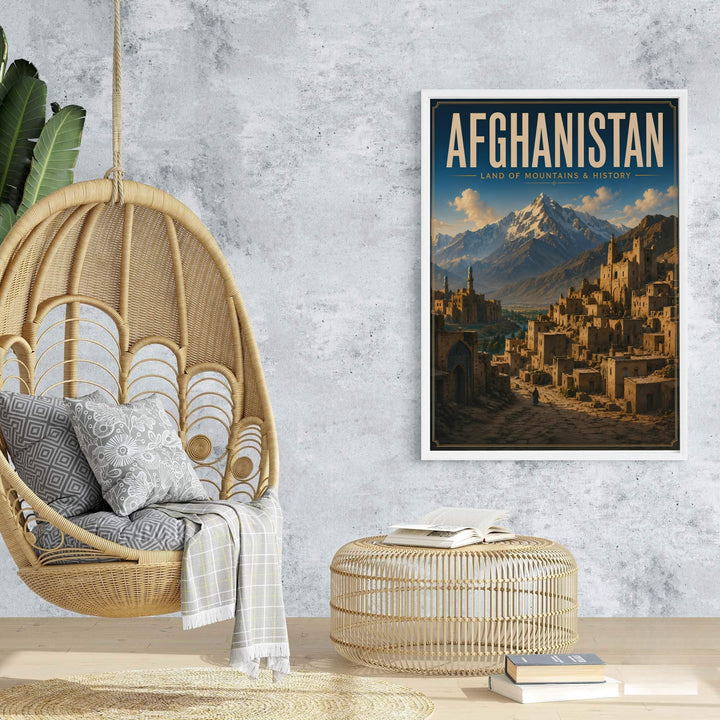 Atmospheric vintage poster of an ancient mountain village in Afghanistan with warm sunlight hitting mud brick structures, supplied by MapYourDreams as an unframed paper print, stretched canvas wall art, or custom framed wall decor for rustic bedroom gallery wall arrangements.