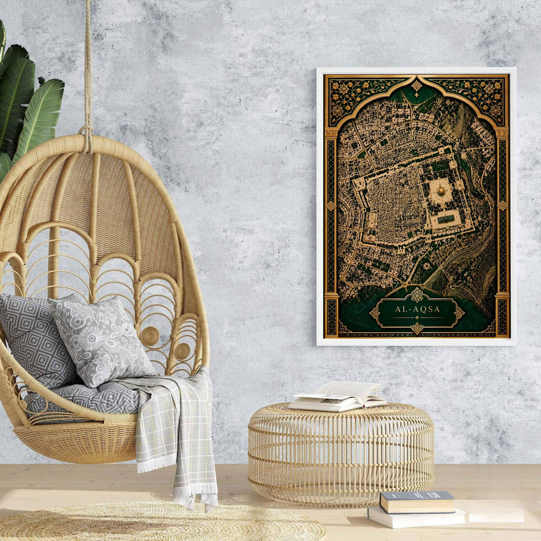 Historical Jerusalem map poster showcasing Al Aqsa Compound in rich emerald green and gold hues. Prepared by MapYourDreams, this artwork is available in flexible options including unframed paper, custom wooden frames, and gallery canvas wraps for chic living decor.