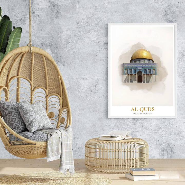 Scenic travel poster of Al Aqsa Mosque compound Dome of the Rock in Palestine in a unique watercolor style. Prepared by MapYourDreams, this artwork is available in flexible options including unframed paper, custom wooden frames, and gallery canvas wraps for chic home decor.