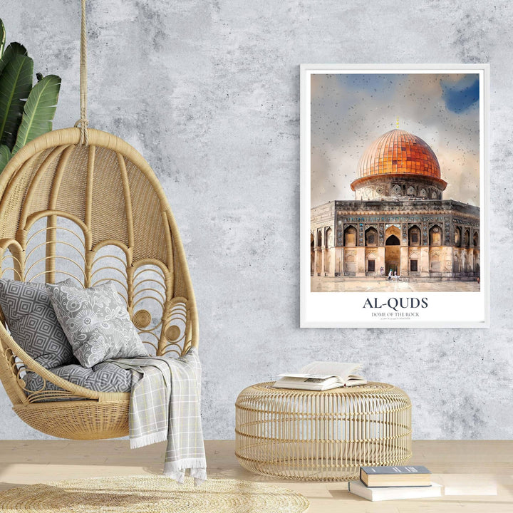 Scenic travel poster of Al Aqsa Mosque compound Dome of the Rock in Palestine rendered in a unique watercolor style. Prepared by MapYourDreams, this artwork is available in flexible options including unframed paper, custom wooden frames, and gallery canvas wraps for chic living decor.