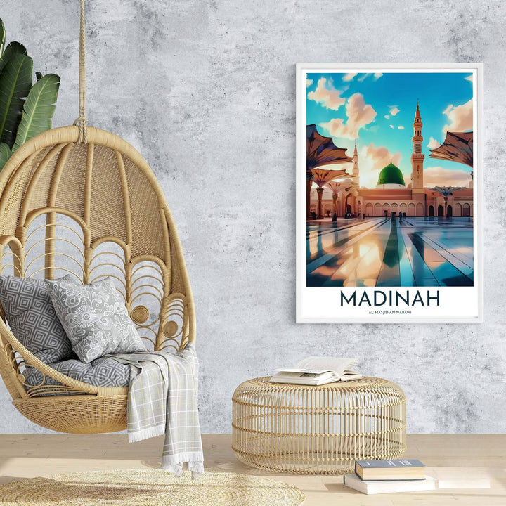 Sunset view poster of Al Masjid An Nabawi in Madinah featuring vibrant turquoise and peach sunset tones. Prepared by MapYourDreams, this artwork is available in flexible options including unframed paper, custom wooden frames, and gallery canvas wraps for chic living decor.