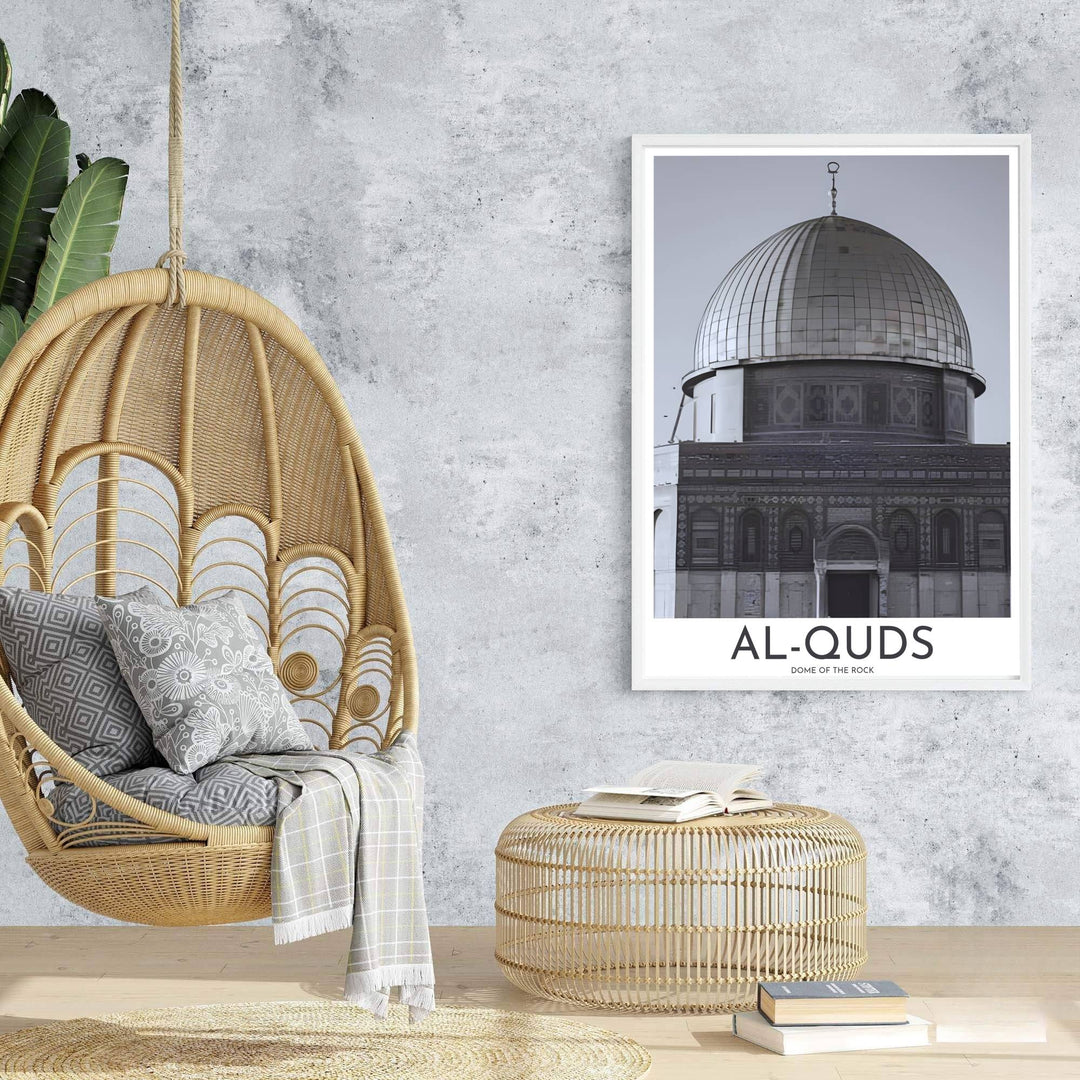 Scenic travel poster of Al Aqsa Mosque compound Dome of the Rock in Palestine in a timeless black and white aesthetic. Prepared by MapYourDreams, this artwork is available in flexible options including unframed paper, custom wooden frames, and gallery canvas wraps for chic home decor.