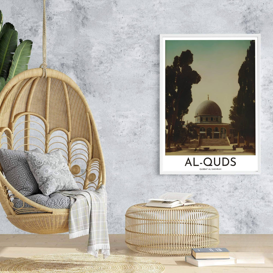 Scenic travel poster of Al Aqsa Mosque compound Dome of the Rock in Palestine in a nostalgic sepia photo aesthetic. Prepared by MapYourDreams, this artwork is available in flexible options including unframed paper, custom wooden frames, and gallery canvas wraps for chic home decor.