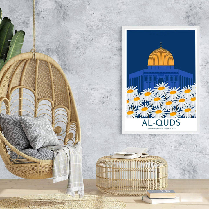 Scenic travel poster of Al Quds Dome of the Rock in Palestine in a unique graphic vector and botanical aesthetic. Prepared by MapYourDreams, this artwork is available in flexible options including unframed paper, custom wooden frames, and gallery canvas wraps for chic home decor.