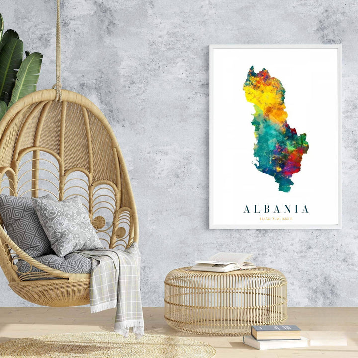Stylish Albania map wall art capturing Balkan geography in abstract rainbow watercolor textures, suitable for modern living spaces and offices. Offered by MapYourDreams, this artwork is available in flexible options including unframed paper, custom wooden frames, and gallery canvas wraps.