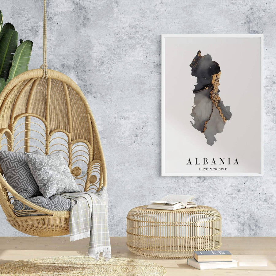 Stylish Albania map wall art capturing Balkan geography in abstract gold marble textures, suitable for contemporary living spaces and offices. Offered by MapYourDreams, this artwork is available in flexible options including unframed paper, custom wooden frames, and gallery canvas wraps.
