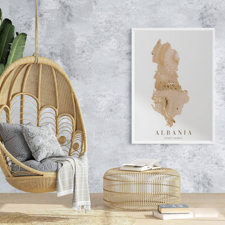 Stylish Albania map wall art capturing Balkan geography in abstract gold marble textures, suitable for modern organic living spaces and offices. Offered by MapYourDreams, this artwork is available in flexible options including unframed paper, custom wooden frames, and gallery canvas wraps.
