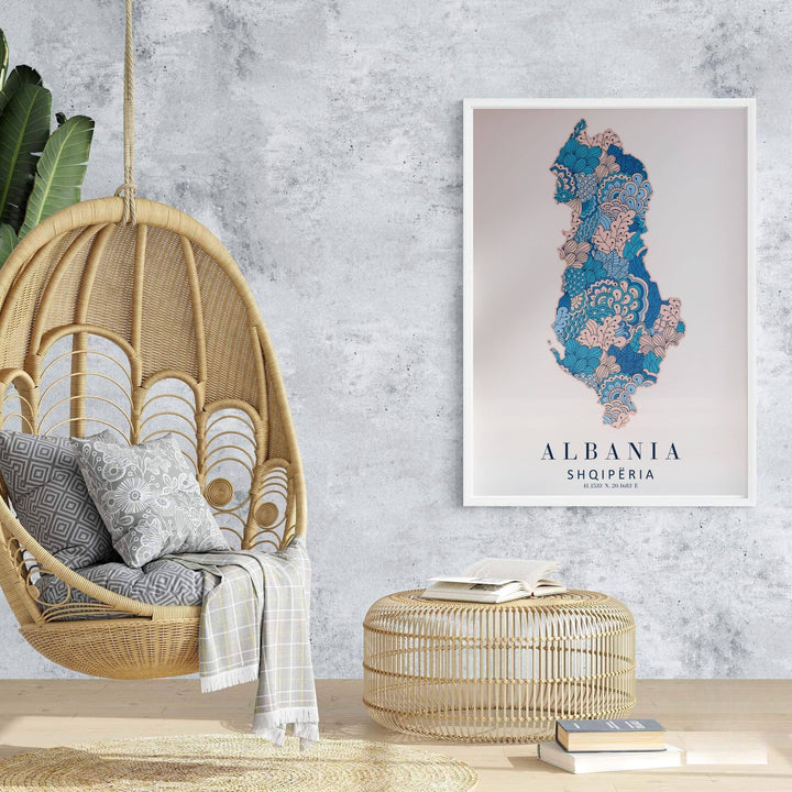 Stylish Albania map wall art capturing Balkan geography in whimsical floral patterns, suitable for gallery wall arrangements and cozy bedrooms. Offered by MapYourDreams, this artwork is available in flexible options including unframed paper, custom wooden frames, and gallery canvas wraps.