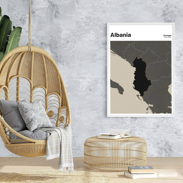 Stylish Albania map wall art capturing Balkan geography in high-contrast charcoal tones, suitable for gallery wall arrangements and modern offices. Offered by MapYourDreams, this artwork is available in flexible options including unframed paper, custom wooden frames, and gallery canvas wraps.