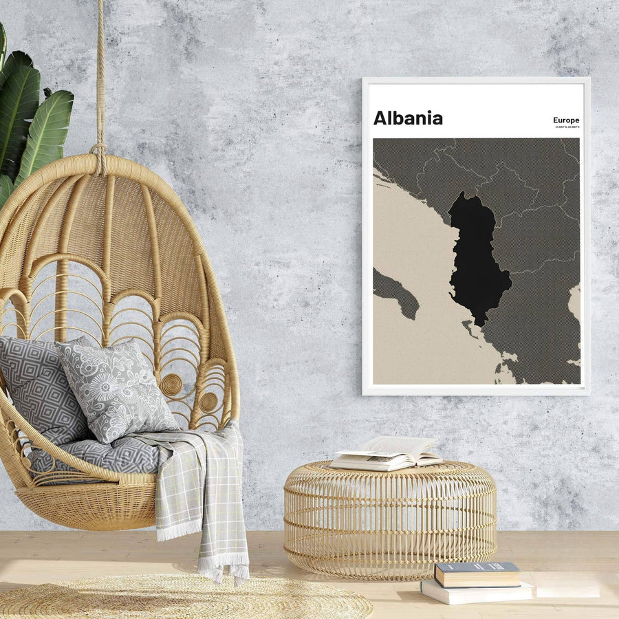 Stylish Albania map wall art capturing Balkan geography in high-contrast charcoal tones, suitable for gallery wall arrangements and modern offices. Offered by MapYourDreams, this artwork is available in flexible options including unframed paper, custom wooden frames, and gallery canvas wraps.