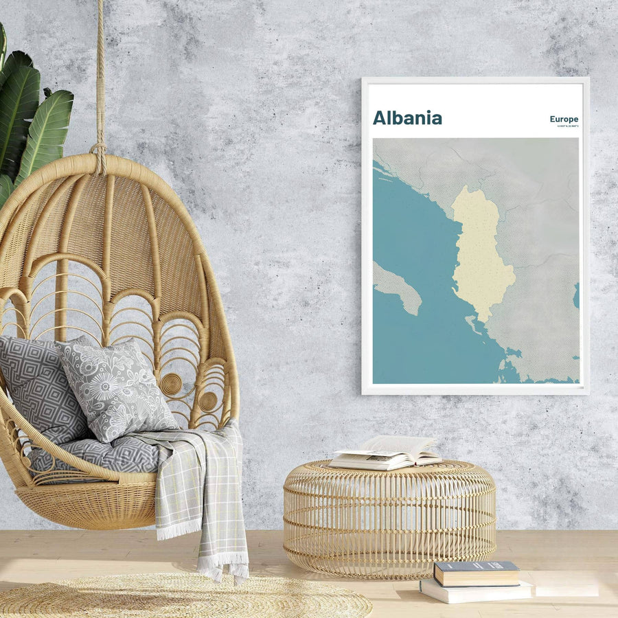 Stylish Albania map wall art capturing Balkan geography in tranquil teal tones, suitable for gallery wall arrangements and modern Scandinavian rooms. Offered by MapYourDreams, this artwork is available in flexible options including unframed paper, custom wooden frames, and gallery canvas wraps.