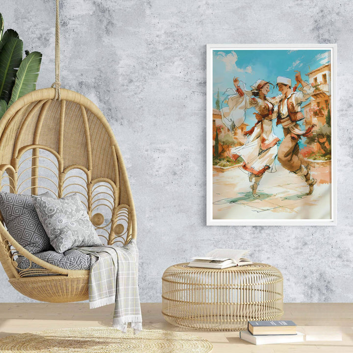 Stylish Albania cultural wall art capturing folk dance traditions in impressionist sketch textures, suitable for gallery wall arrangements and entryways. Offered by MapYourDreams, this artwork is available in flexible options including unframed paper, custom wooden frames, and gallery canvas wraps.