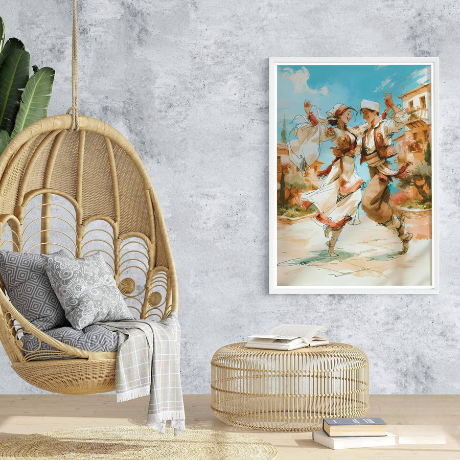 Stylish Albania cultural wall art capturing folk dance traditions in impressionist sketch textures, suitable for gallery wall arrangements and entryways. Offered by MapYourDreams, this artwork is available in flexible options including unframed paper, custom wooden frames, and gallery canvas wraps.