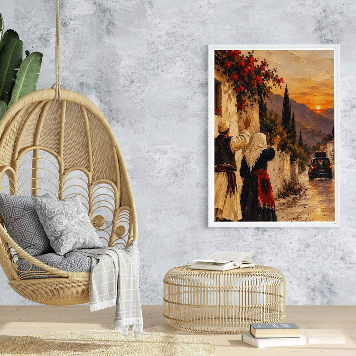 Stylish Albania cultural wall art capturing village traditions in impressionist oil textures, suitable for gallery wall arrangements and entryways. Offered by MapYourDreams, this artwork is available in flexible options including unframed paper, custom wooden frames, and gallery canvas wraps.