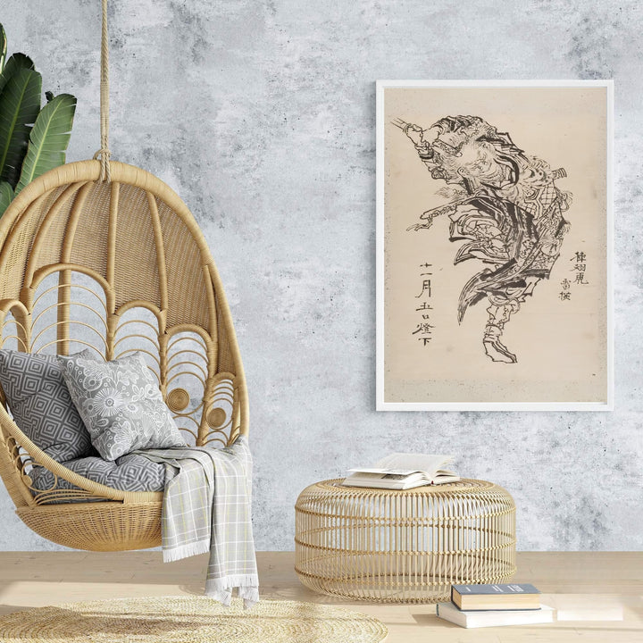 Aged parchment background vintage Japanese wall art by artist Katsushika Hokusai showing a warrior sketch from a historic Edo Tokyo collection. Browse archival framed, unframed, and canvas poster choices at MapYourDreams.